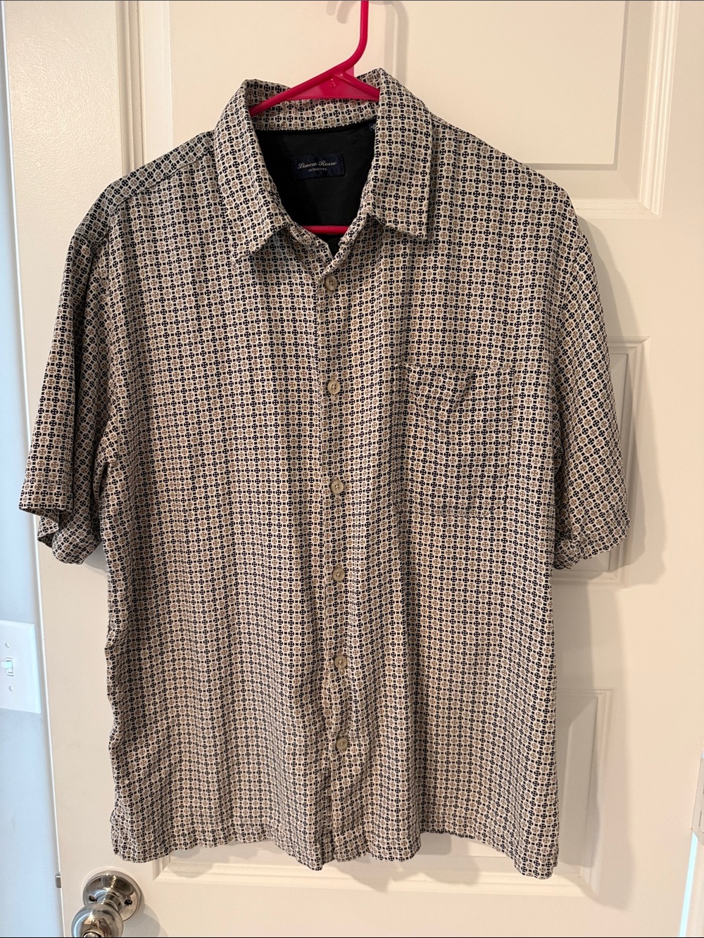 LINEA ROSSO SIGNATURE Short-Sleeve Button-Down Shirt in Beige Black LARGE L MENS